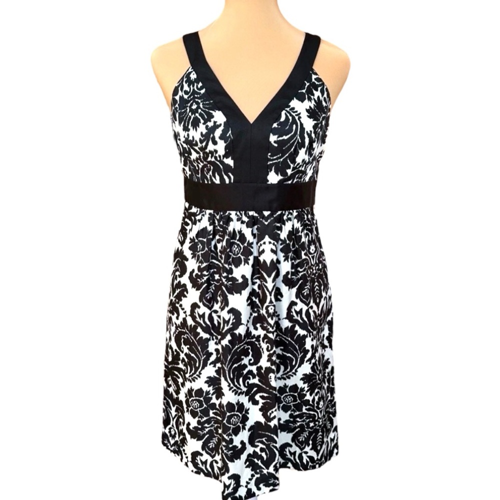 LOFT Black White Floral Pattern V Neck Empire Waist Sleeveless A Line Dress 2P